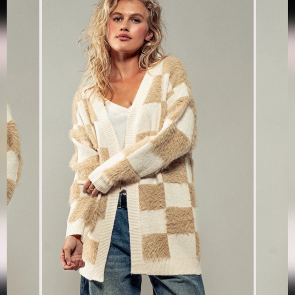 New Vegan Fur Textured Checkered Knit Open Cardigan with Ribbed Trim - Picture 1 of 7